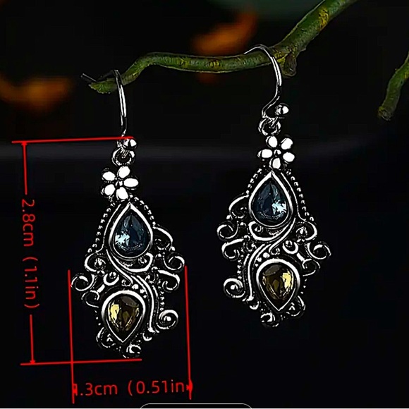 Vintage Blue Amber Crystal Earrings Silver Dangle Handmade - Picture 5 of 6